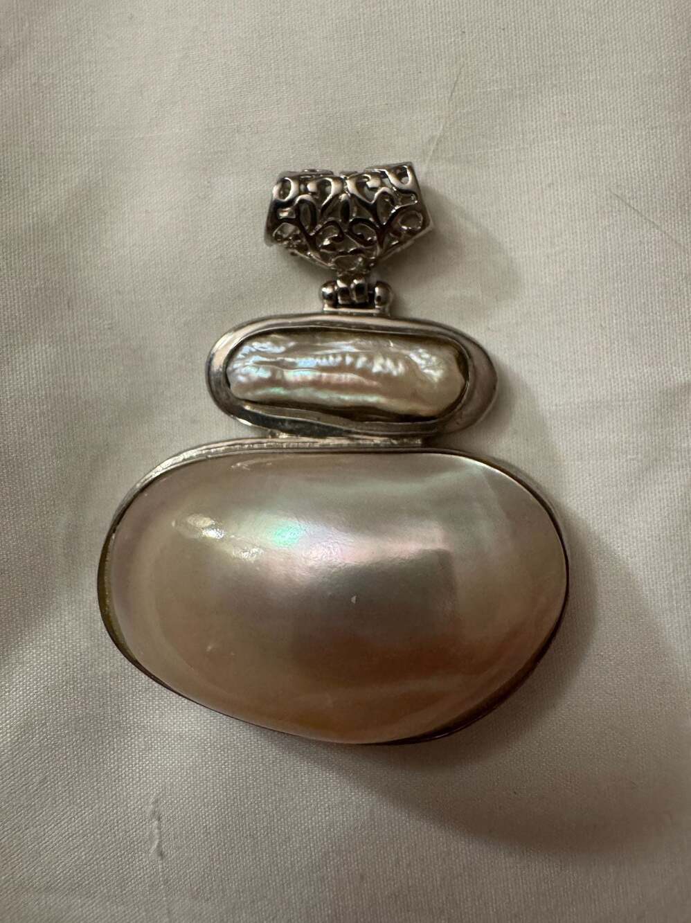 Mother-of-Pearl and Baroque Pearl Statement Pendant in Silver Tone